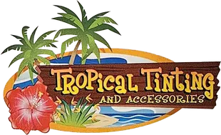 Tropical Tinting and Accessories logo with palm trees, hibiscus flower, and ocean waves
